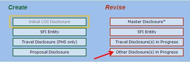 Revise or Update Initial Disclosure in Progress screen